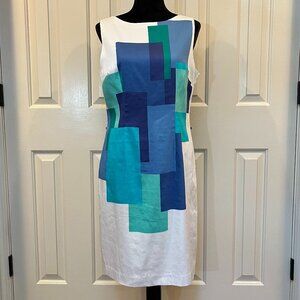 Leslie Fay Sleeveless Cotton Sheath Dress Artsy White and Blue Size 10